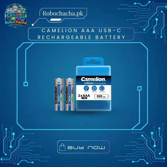 2 Pack Camelion AAA USB-C Rechargeable Lithium Batteries 1.5V 650mWh Constant Output - Robochacha Pakistan