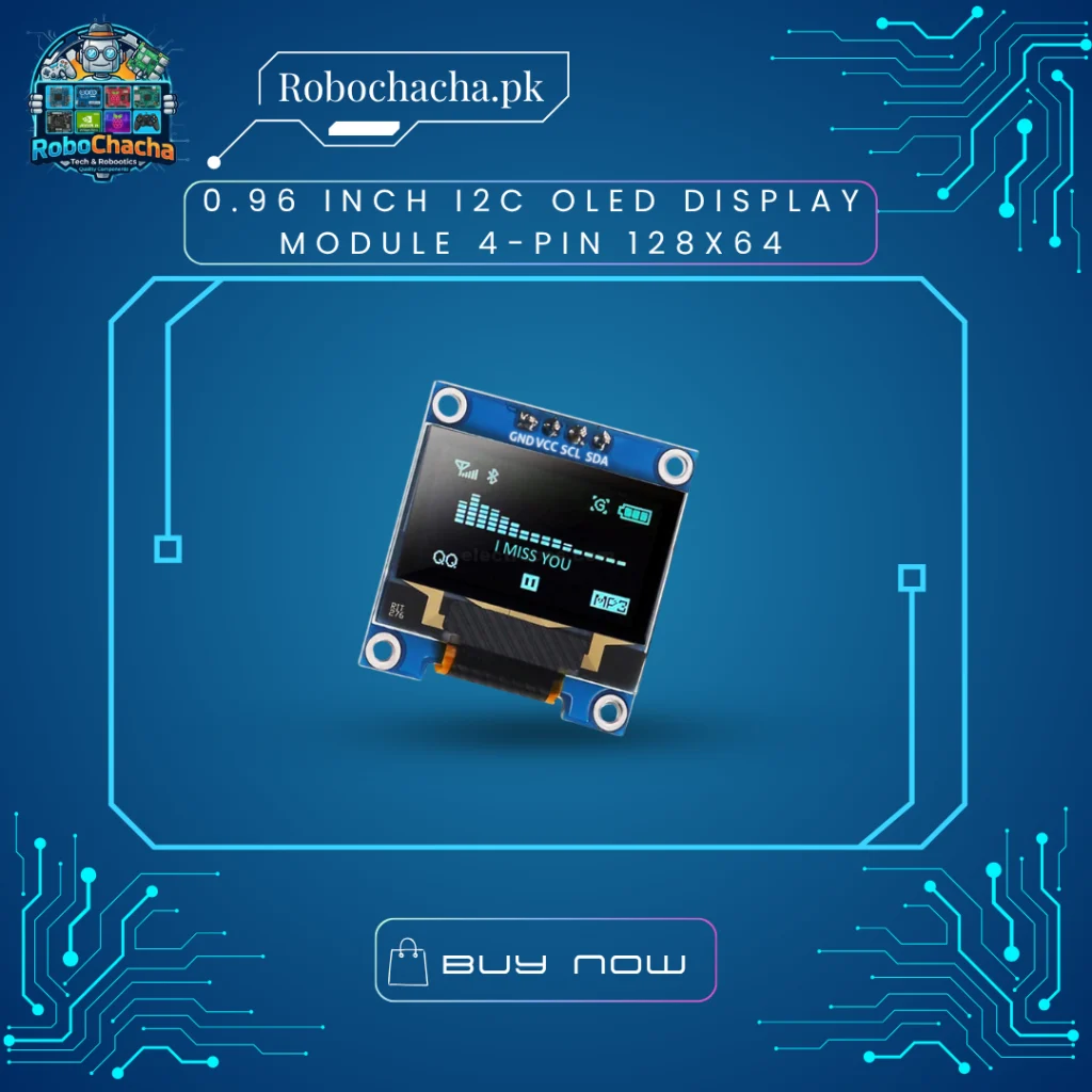 0.96 inch 4-Pin I2C OLED Display Module 128x64 Pixel Screen for Arduino and Microcontrollers