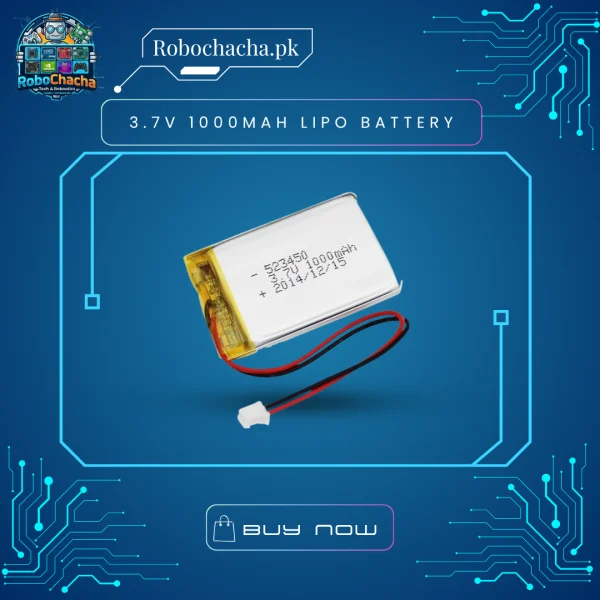 3.7V 1000mAh Rechargeable Lithium Polymer LiPo Battery with JST Connector for Electronics and Robotics
