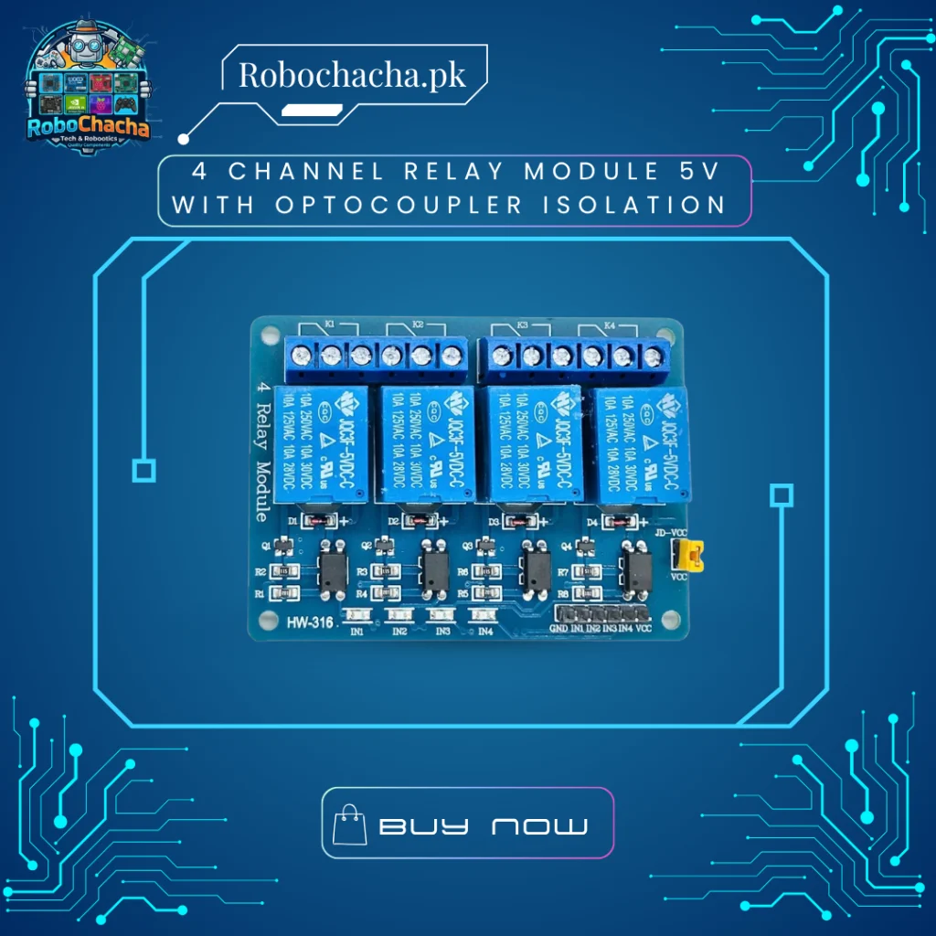 4-Channel 5V Relay Module Board with Optocoupler Isolation and Status LEDs for Arduino, ESP32, and Raspberry Pi Home Automation