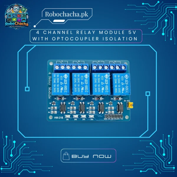 4-Channel 5V Relay Module Board with Optocoupler Isolation and Status LEDs for Arduino, ESP32, and Raspberry Pi Home Automation