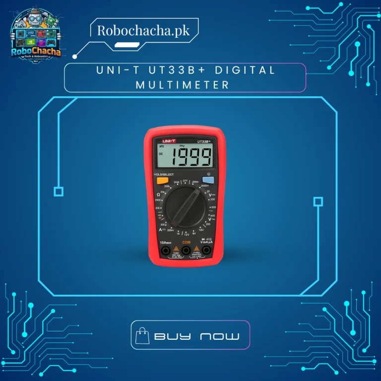 Overview 📝The UNI-T UT33B+ is a high-performance digital multimeter that redefines the standards for introductory meters. It is part of the new generation UT33+ series, featuring an innovative industrial design that can withstand a 2-meter drop. This "B" variant is unique because it includes a Battery Test Function for 1.5V, 9V, and 12V batteries, making it an essential tool for homeowners and hobbyists checking everything from remote control batteries to UPS cells.Key Features ✨Drop-Resistant & Rugged: Comes with a protective soft rubber case that protects the internals from workbench accidents and drops.Battery Health Tester: Unlike other meters, this tests batteries under a small load to tell you if they are actually "Good" or "Bad."Bright LCD Backlight: Includes a clear, backlit display for working in dark DB boxes or under car dashboards.Safety Certified: Rated for CAT II 600V, providing much better protection against surges than generic no-name meters.Precision Probes: Comes with high-quality, flexible test leads that won't snap or stiffen in cold weather.Technical Specifications ⚙️FeatureRange / SpecificationDC Voltage200mV / 2V / 20V / 200V / 600VAC Voltage200V / 600VDC Current200$\mu A$ / 200$mA$ / 10AResistance200$\Omega$ to 20$M\Omega$Battery Test1.5V / 9V / 12V (Load test)Display Count2000 CountsPower Source2x 1.5V AAA Batteries (Included)Safety RatingCAT II 600VWhy the UT33B+ is a "Must-Have": 🤔The "Quality" Feel: The moment you hold a UNI-T, you can feel the difference in plastic quality and dial smoothness compared to "Yellow" budget meters.Auto-Power Off: Saves your battery if you accidentally leave it on overnight.Clear Continuity: Features a fast-response buzzer for tracing circuit paths.