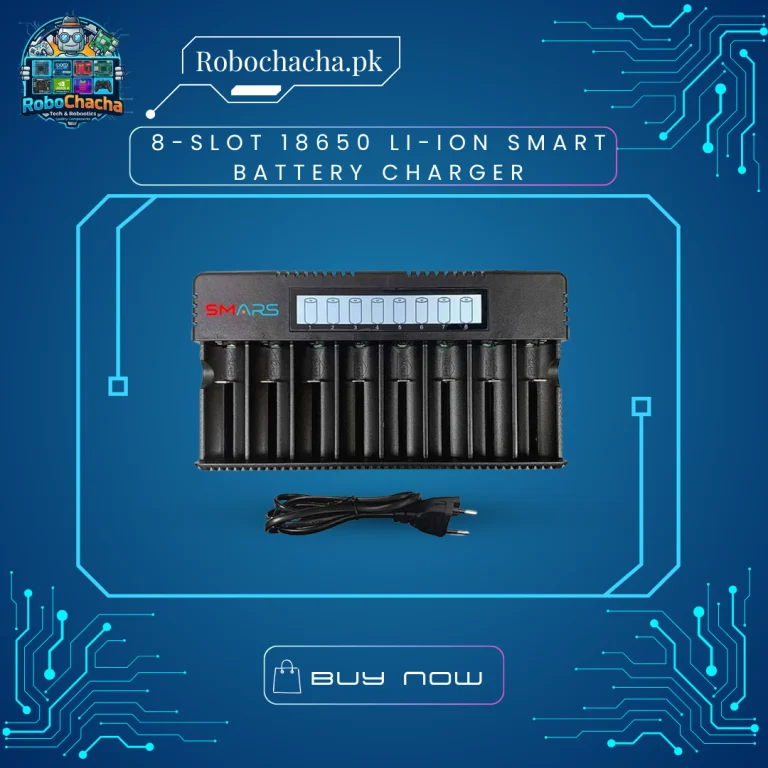 8-Slot 18650 Smart Lithium Ion Battery Charger Station with 220V AC Input and Individual LED Charging Status Lights