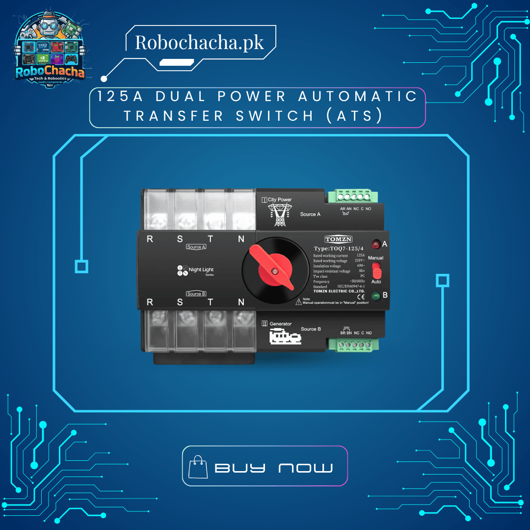125A Dual Power Automatic Transfer Switch (ATS) 125A ATS, Automatic Transfer Switch, Dual Power Changeover, Solar ATS Pakistan, Generator Switch 125A, Robochacha, DIN Rail ATS Switch, Single Phase ATS, Automatic Changeover Switch, WAPDA Solar Switch