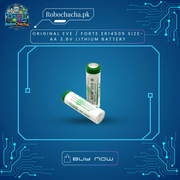 Original EVE Forte ER14505 Size-AA 3.6V Lithium Battery Overview 📝When powering long-term unattended electronics such as utility meters, real-time clock modules, security alarm systems, and industrial memory back-ups, standard alkaline AA batteries fall short. They suffer from rapid self-discharge and cannot deliver the stable voltage required over years of standby operation. The Original Forte ER14505 Size-AA 3.6V Lithium Battery provides a high-performance primary lithium-thionyl chloride ($Li-SOCl_2$) power solution, engineered to deliver exceptional energy density and rock-solid reliability for critical low-drain applications.Key Features ✨High Operating Voltage: Delivers a stable 3.6V nominal output, significantly higher than standard 1.5V alkaline cells.Exceptional Energy Density: Maximizes runtime in compact spaces while maintaining a lightweight form factor.Ultra-Low Self-Discharge Rate: Advanced chemistry ensures an annual self-discharge rate of less than 1% at room temperature, enabling a shelf life of up to 10 years.Wide Operating Temperature Range: Built to perform reliably in extreme environments, from freezing cold to high-heat industrial conditions.Technical Specifications ⚙️FeatureSpecificationProduct TypePrimary Lithium-Thionyl Chloride ($Li-SOCl_2$) BatteryBrand / ModelOriginal Forte ER14505Battery SizeAA Standard Industrial FormatNominal Voltage3.6V DCChemistryLithium Thionyl ChlorideApplicationUtility Meters, PLC Memory Backup, IoT Sensors, Security SystemsCommon Applications ⚡Utility & Smart Metering: Industry-standard power source for water meters, gas meters, and electricity smart grids.Industrial Electronics & IoT: Powers wireless sensors, GPS tracking units, emergency beacons, and real-time clock backup modules.Note to customers: This is a non-rechargeable primary lithium battery; do not attempt to recharge or short-circuit the cell!